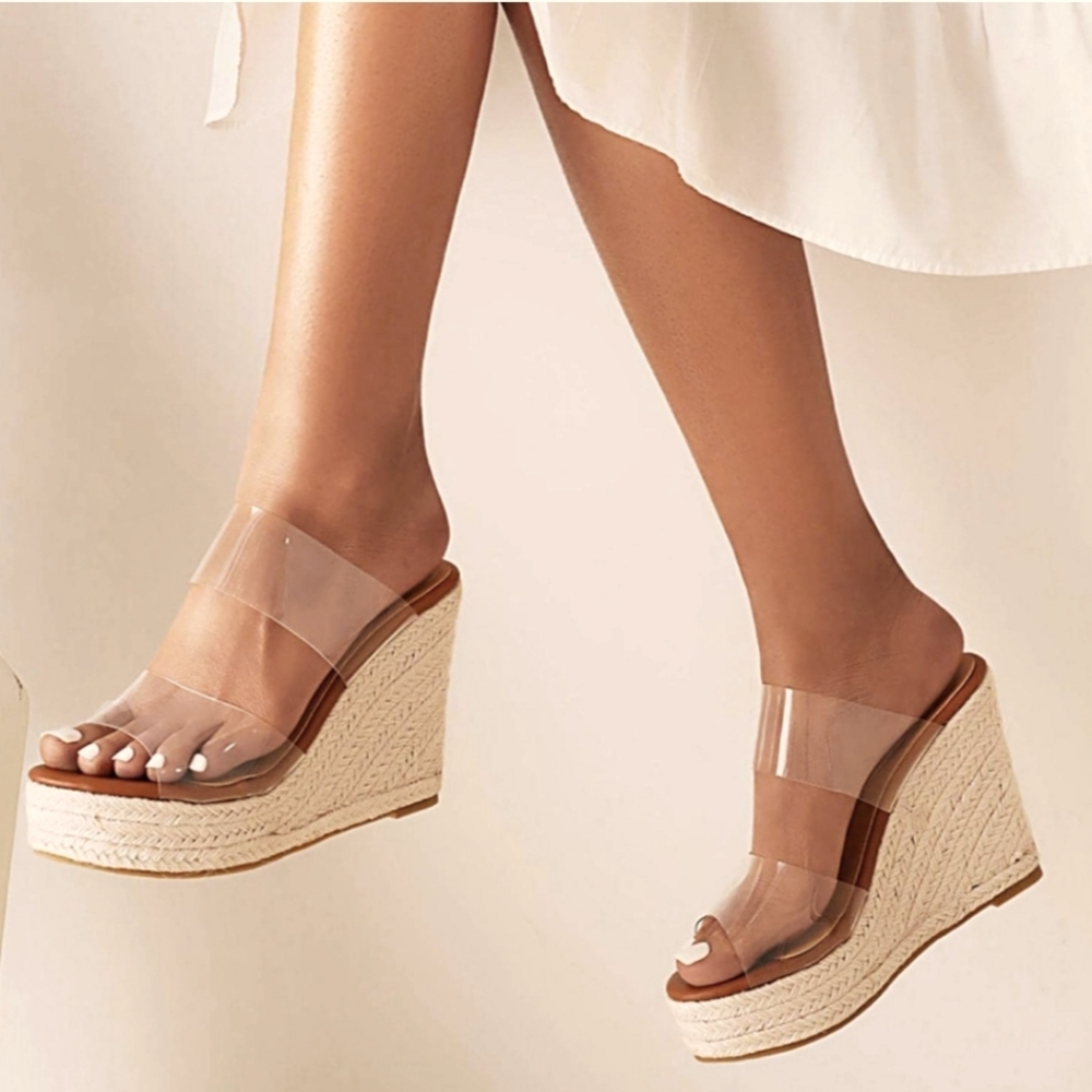 WIRALOMI CLEAR WEDGE HEEL SANDALS SLIP ONS SUMMER BEACH SZ 7.5 NEW